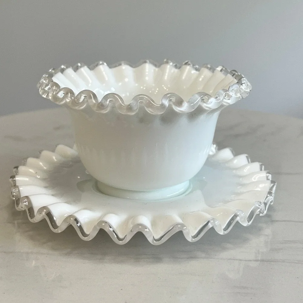 Fenton Silver Crest Bowl Ruffled Edge Mayonnaise‎ Bowl Underplate Milk Glass Vtg